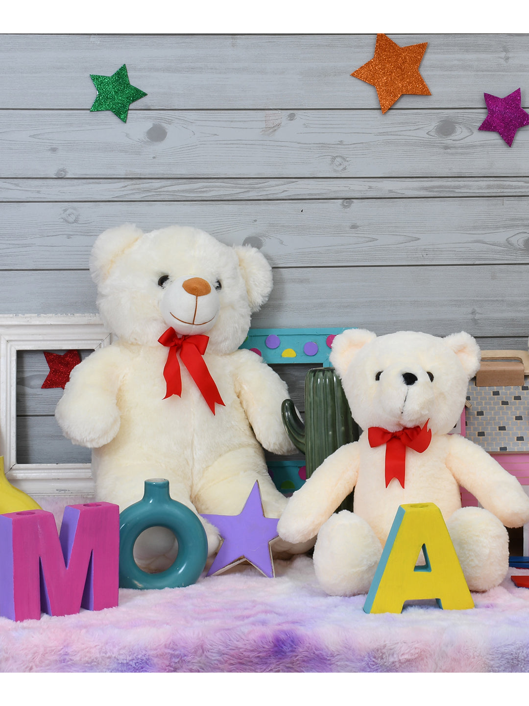 Mirada Plush Stuffed Biege Bear Soft Toy with Red Bow - 35cm